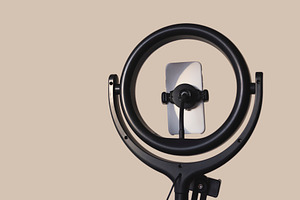 Ring light blogging equipment stock photo containing blogger and workplace