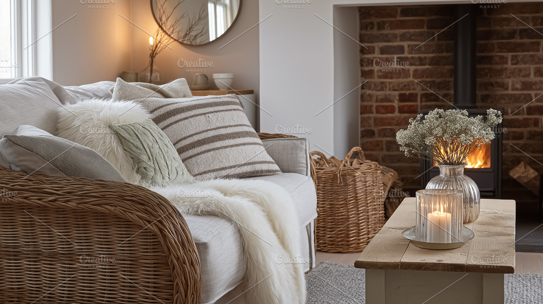Cozy living room interior with warm fireplace, sofa, cushions, and country rust, an Architecture Photo by Studio ANNA