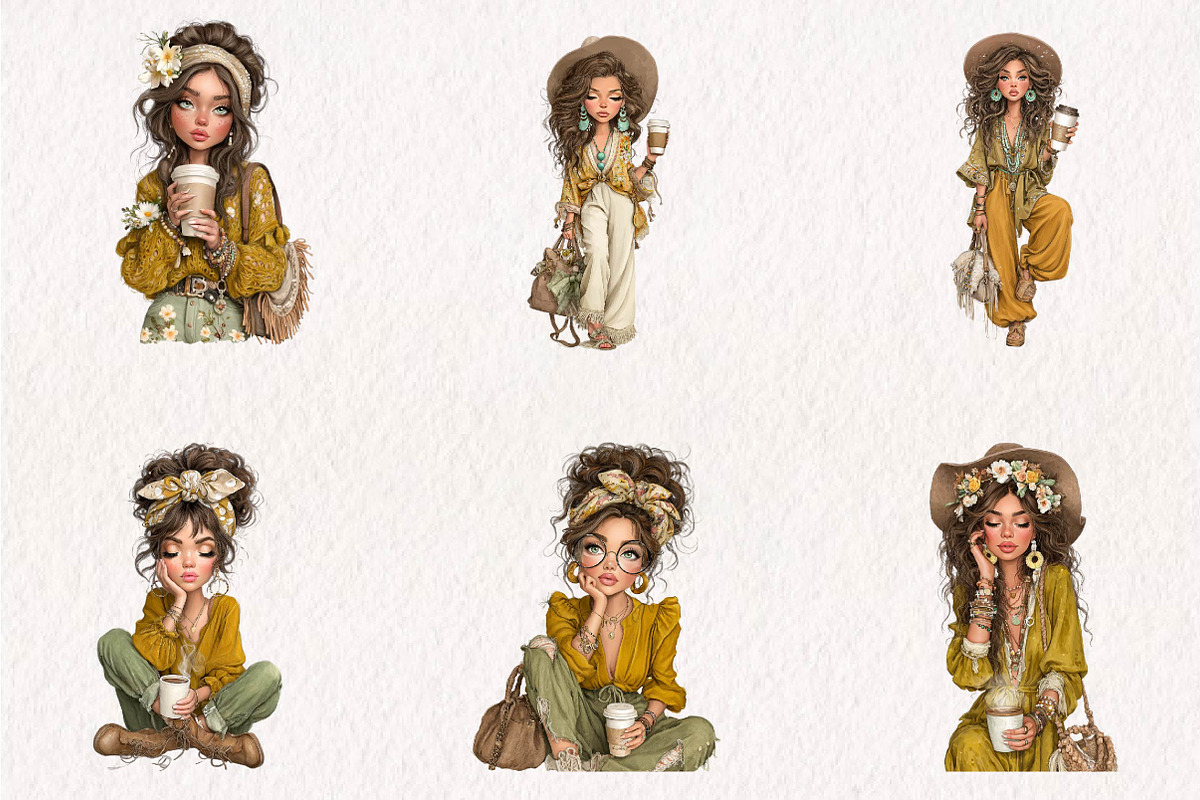 Boho Whimsical Coffee Girl Clipar, a Seasonal Illustration by CreationArt (Photo 2 of 7)