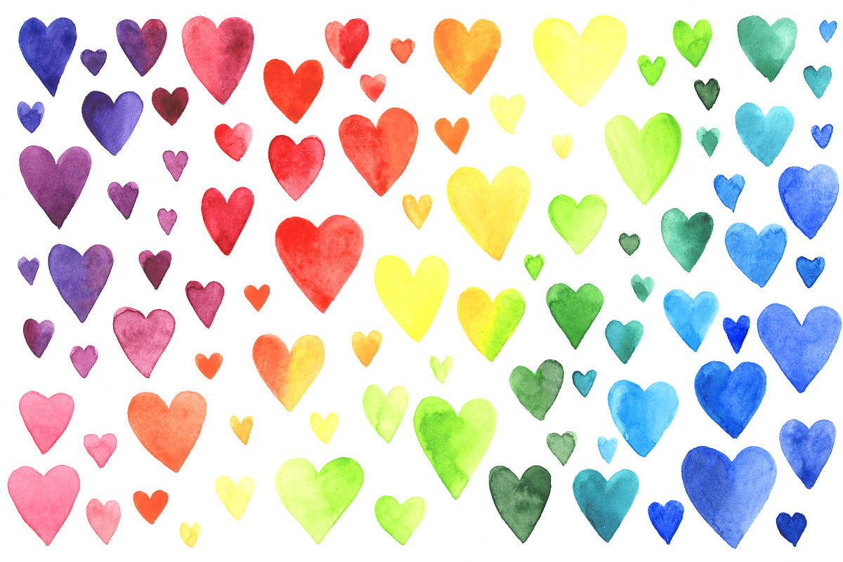 90 colorful watercolor hearts, an Object Graphic by Olga Bonitas (Photo 2 of 4)