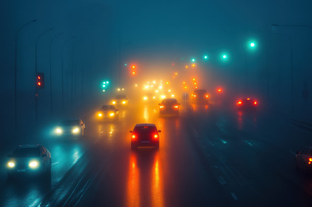Traffic headlights illuminating fogg, a Photo by Iftikhar Alam