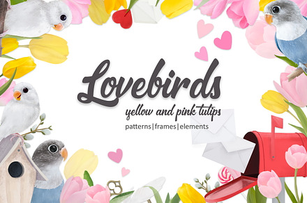 Lovebirds and tulips