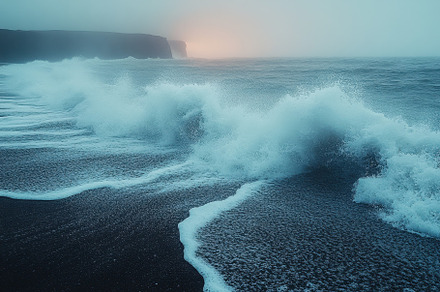 Waves crash against the shoreline at, a Photo by Tanuart