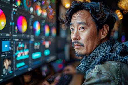 Confident Korean Man Editing Video in High-Tech Studio, Creative Professional a, a Photo by AS photostudio