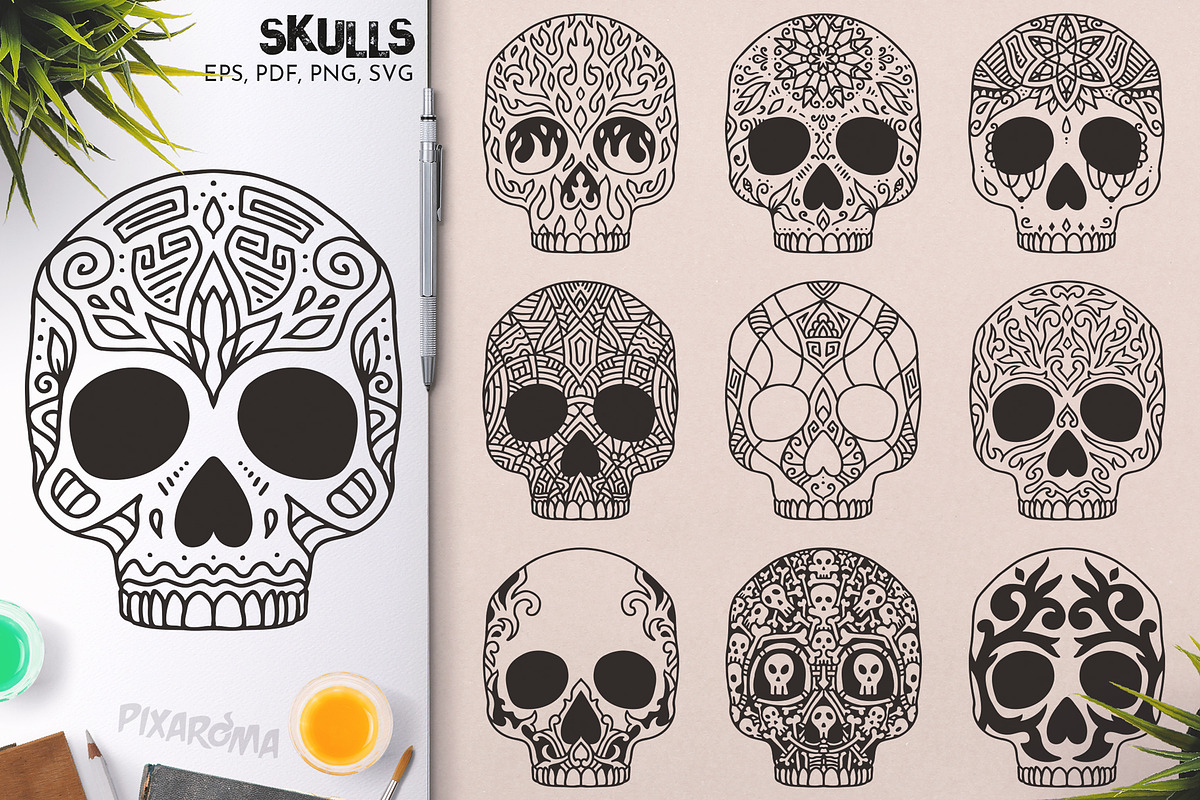 100 Decorative Vector Skulls, a Decorative Illustration by pixaroma (Photo 20 of 37)