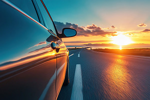 Driving along a scenic highway at sunset with beautiful views in the background, a Photo by AlyaAnd