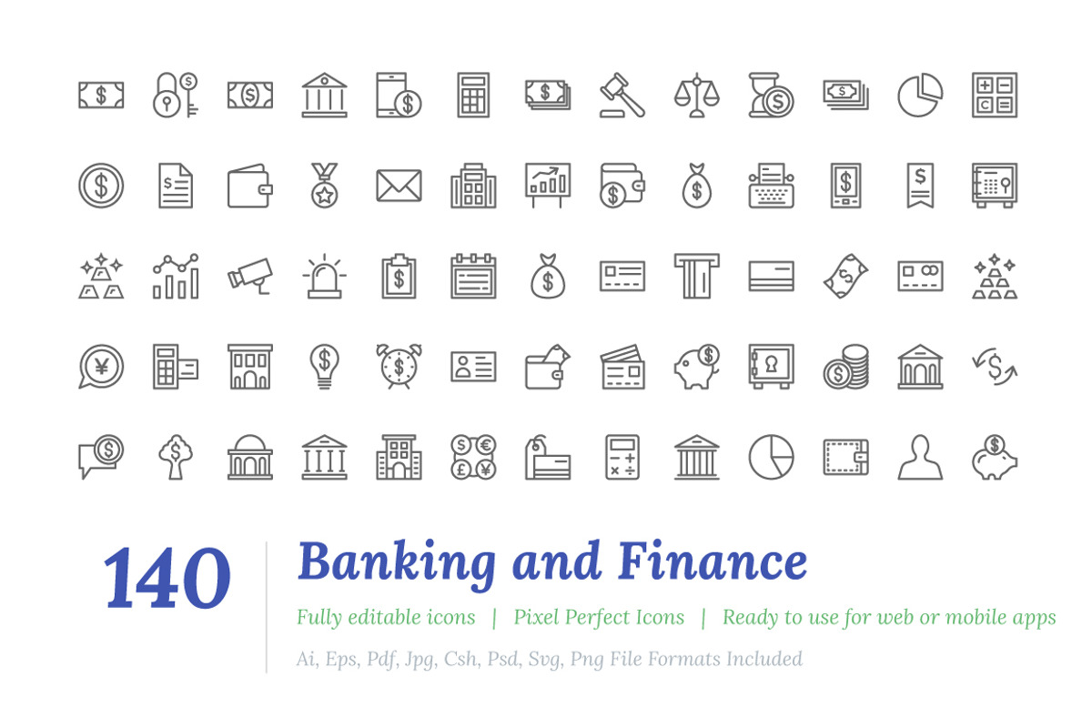 140 Banking and Finance Line Icons, an Outline Icon by Vectors Market (Photo 1 of 3)
