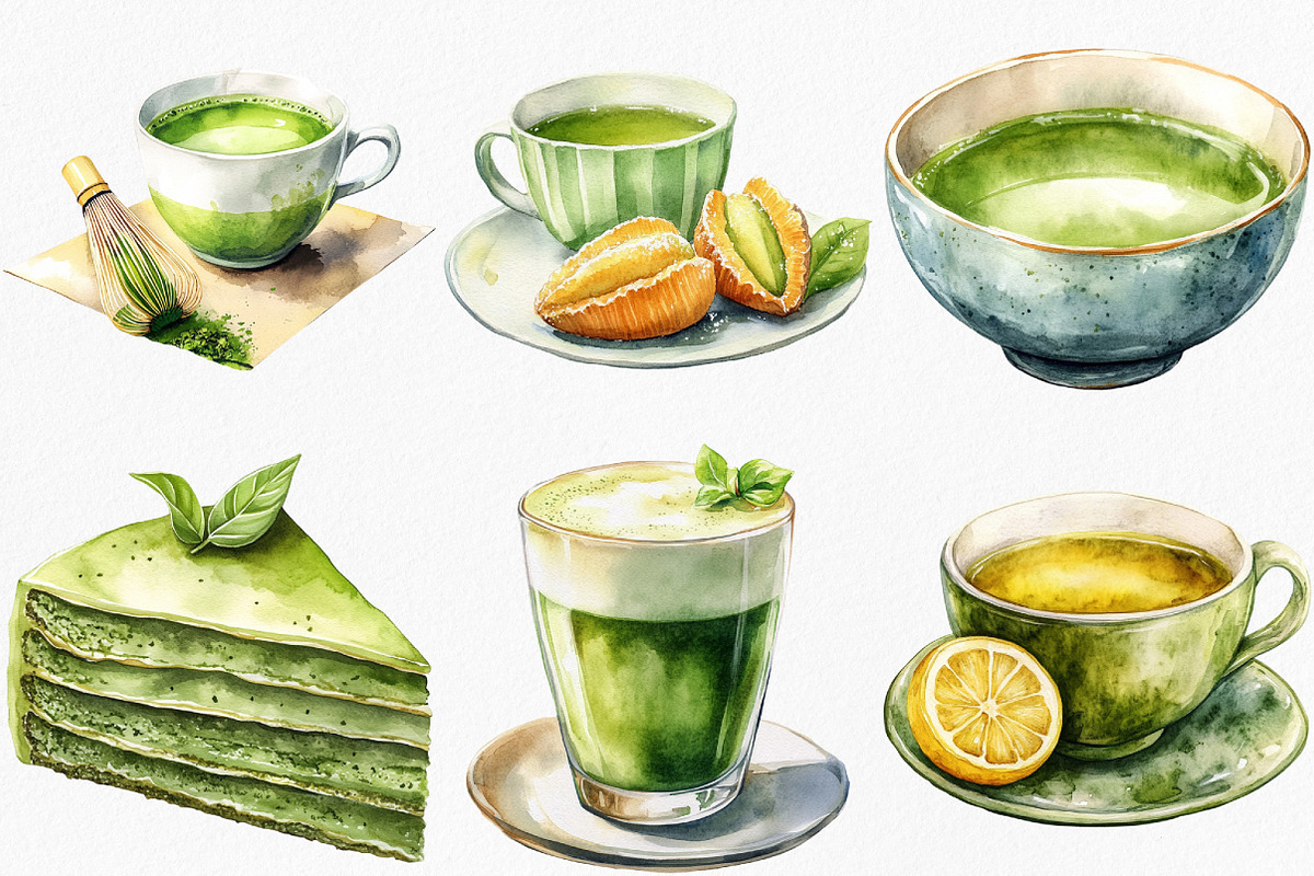 Watercolor Green Tea Clipart Bundle, an Illustration by Canvas Craft (Photo 5 of 8)