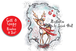 Reindeer & Bat Christmas Watercolor