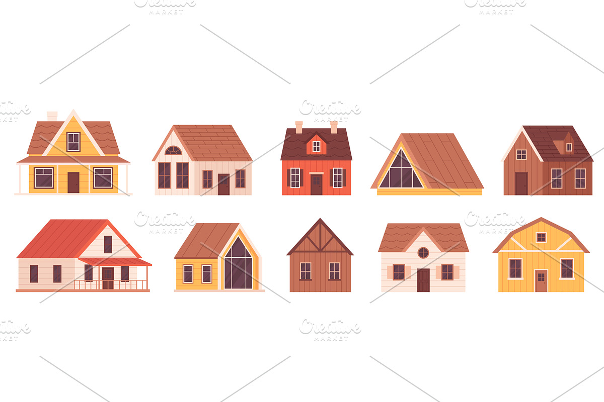 Wooden country cabins. Cartoon huts, an Object Illustration by LadadikArt