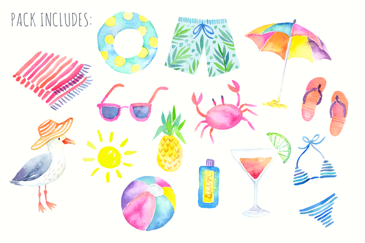 Summer Beach Party Watercolor Pack, an Illustration by PaperSphinx (Photo 2 of 3)