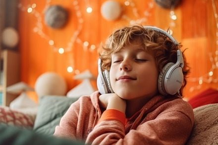 Adolescent boy listening to music with fun headphones in his roo, a Person Photo by designvectx