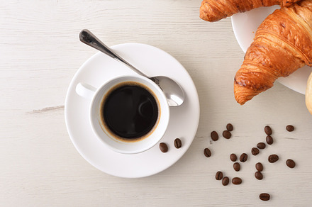 Background with breakfast table with coffee and pastries top, a Food & Drink Photo by Davizro's Market