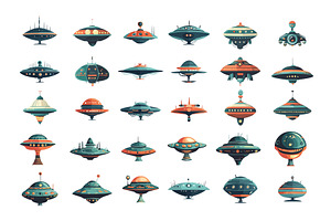 Ufo alien saucers cartoon vector set, an Object Illustration by Valerie Bodnar