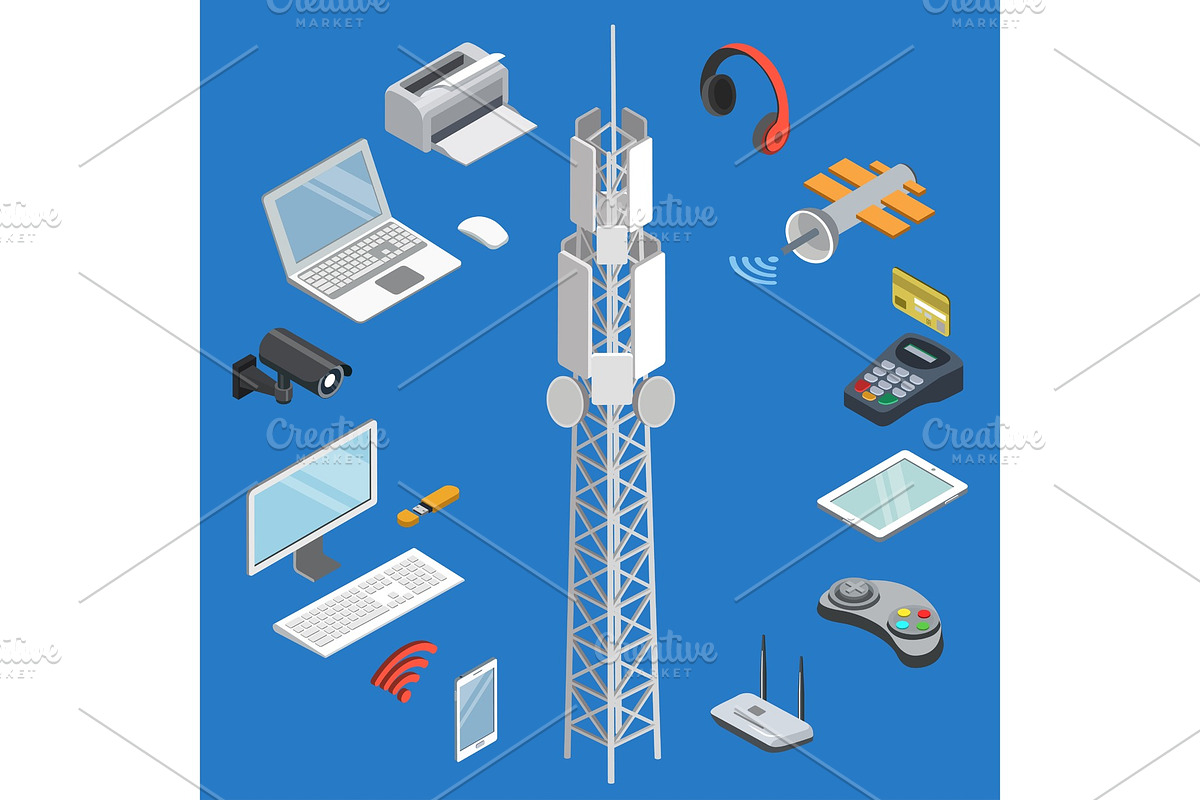 Wireless technologies isometric 3D set, a Technology Illustration by ...