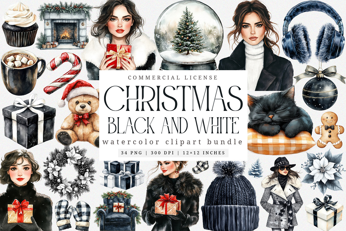 Black and White Christmas Watercolor, an Illustration by SinaCreation (Photo 1 of 7)