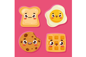 four kawaii food character, a Food Illustration by studiogstock