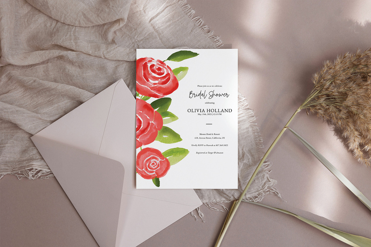 Rose Floral Bridal Shower Invitation, a Stationery Template by Beyond Muse (Photo 3 of 3)