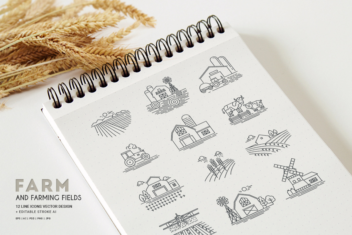 Farm icons and farming fields, an Outline Icon by Bezvershenko (Photo 3 of 8)