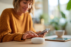 Woman using smart speaker while sitting at a cozy table with a phone and tablet, a Person Photo by AlyaAnd
