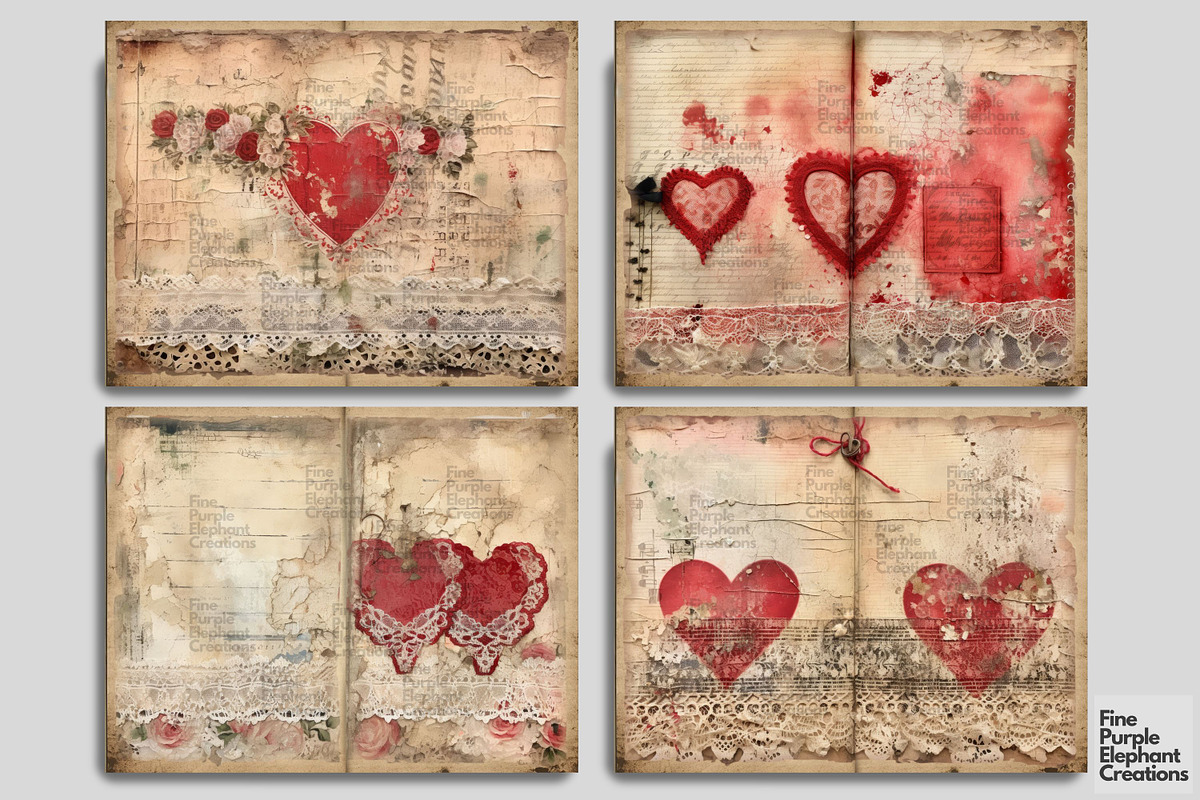Vintage Valentine Heart Junk Journal, a Background Graphic by Fine Purple  Elephant, image size:1200x800