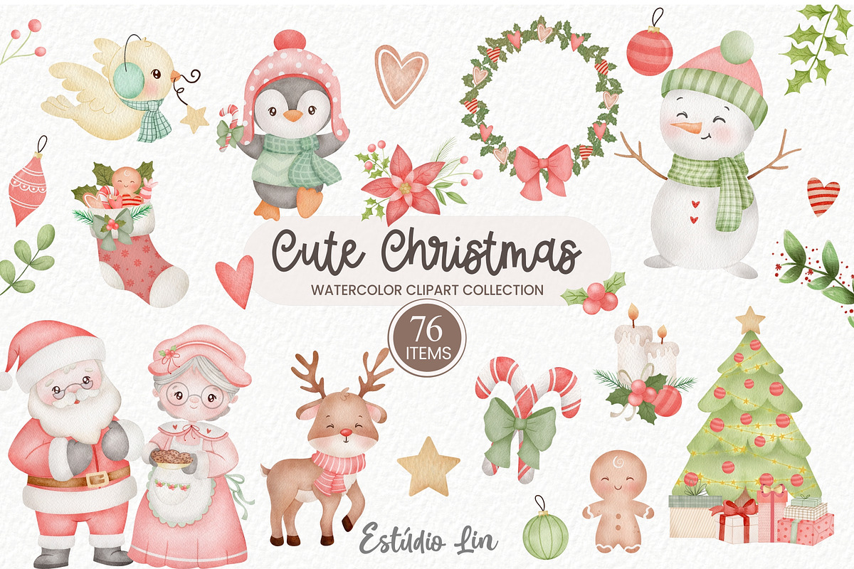 Cute Christmas Watercolor, a Seasonal Illustration by Estúdio Lin (Photo 1 of 8)