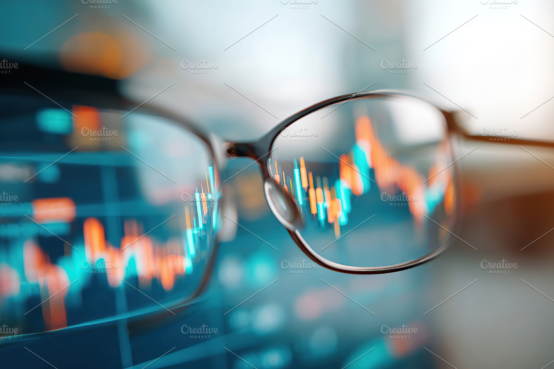 Glasses reflecting stock market data in a financial environment, a Business Photo by AlyaAnd