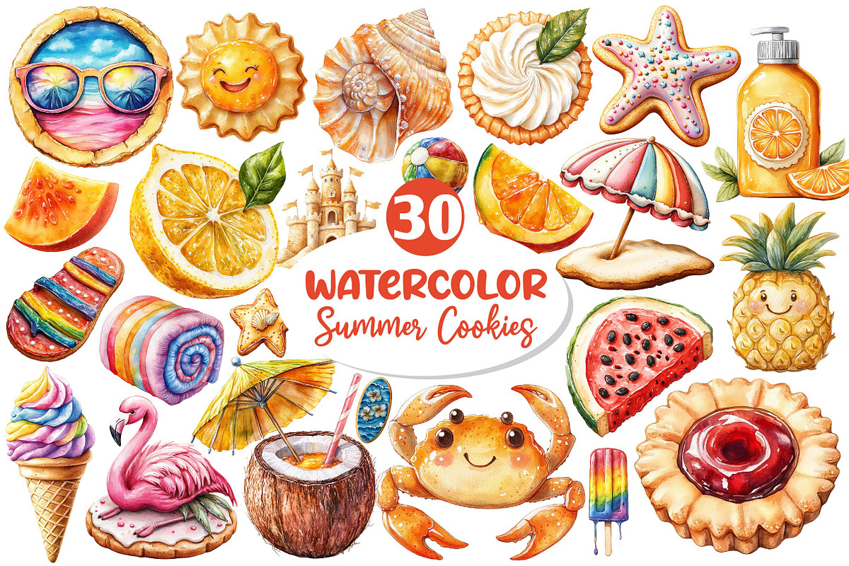 Watercolor Summer Cookies Clipart, an Illustration by Dream Creation (Photo 1 of 4)