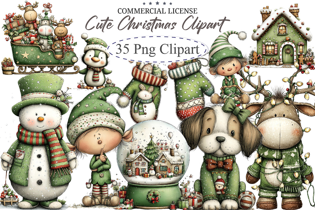 Cute Christmas Watercolor Clipart, an Illustration by designcity5 (Photo 1 of 5)