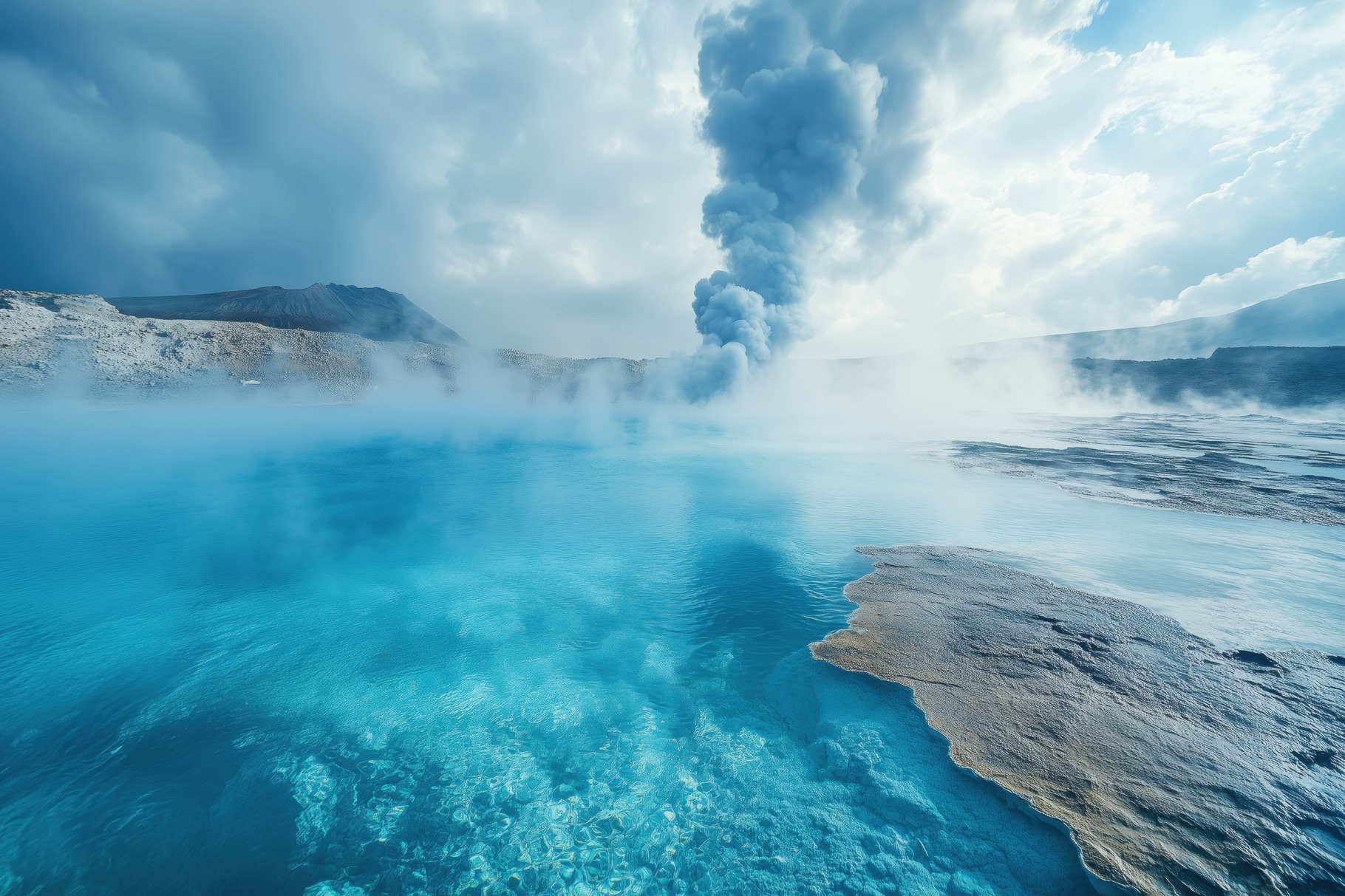 A serene geothermal landscape featuring a bright blue hot spring ...