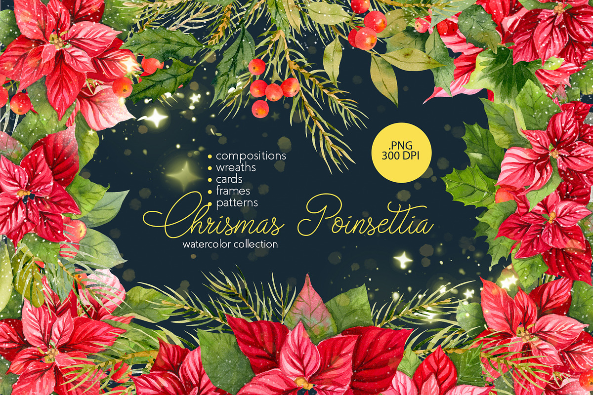 Christmas Poinsettia Floral Clipart, an Illustration by Julia M. Watercolor (Photo 1 of 11)