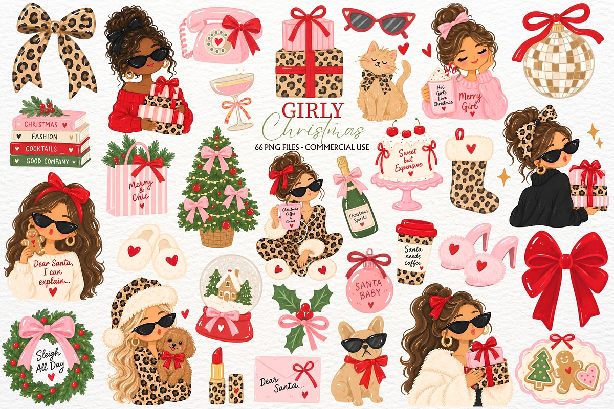 Girly Christmas Clipart Leopard Bow, a Seasonal Illustration by SugarCloudStudioArt (Photo 1 of 6)