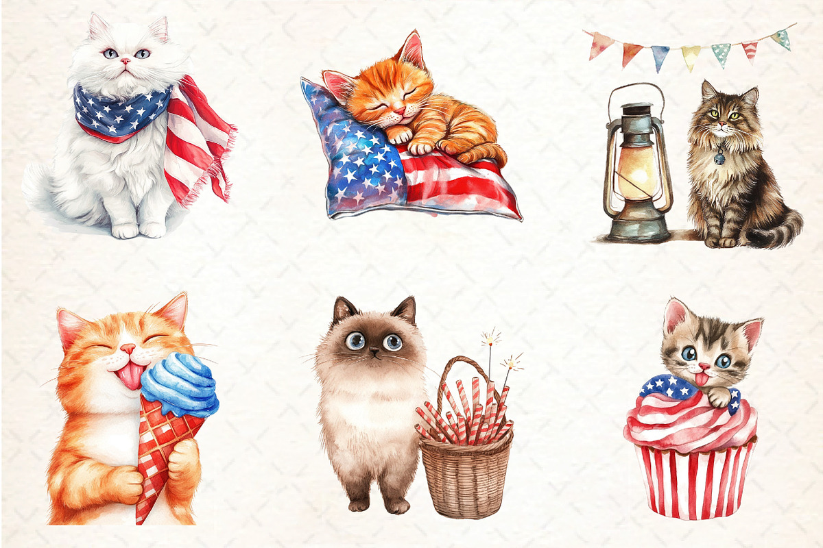 watercolor Cute Cat 4th of july, an Illustration by DreamCafeArt (Photo 3 of 5)