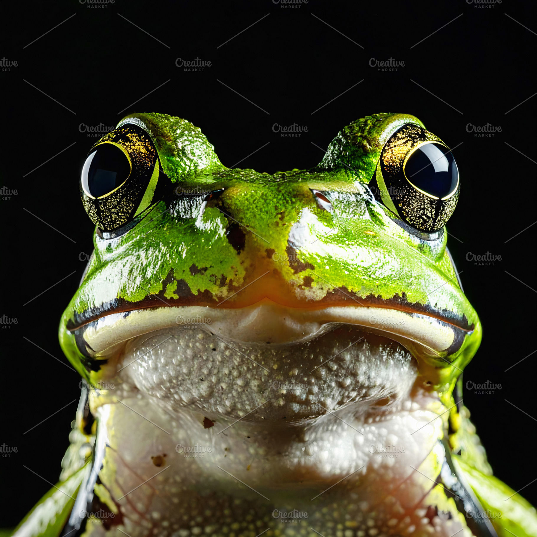 Green frog portrait with shiny eyes and detailed textures, an Animal Photo by GoodGoods