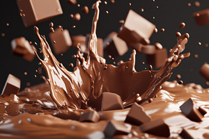 Chocolate splash with flying cubes,, a Photo by Dvoevnore photos