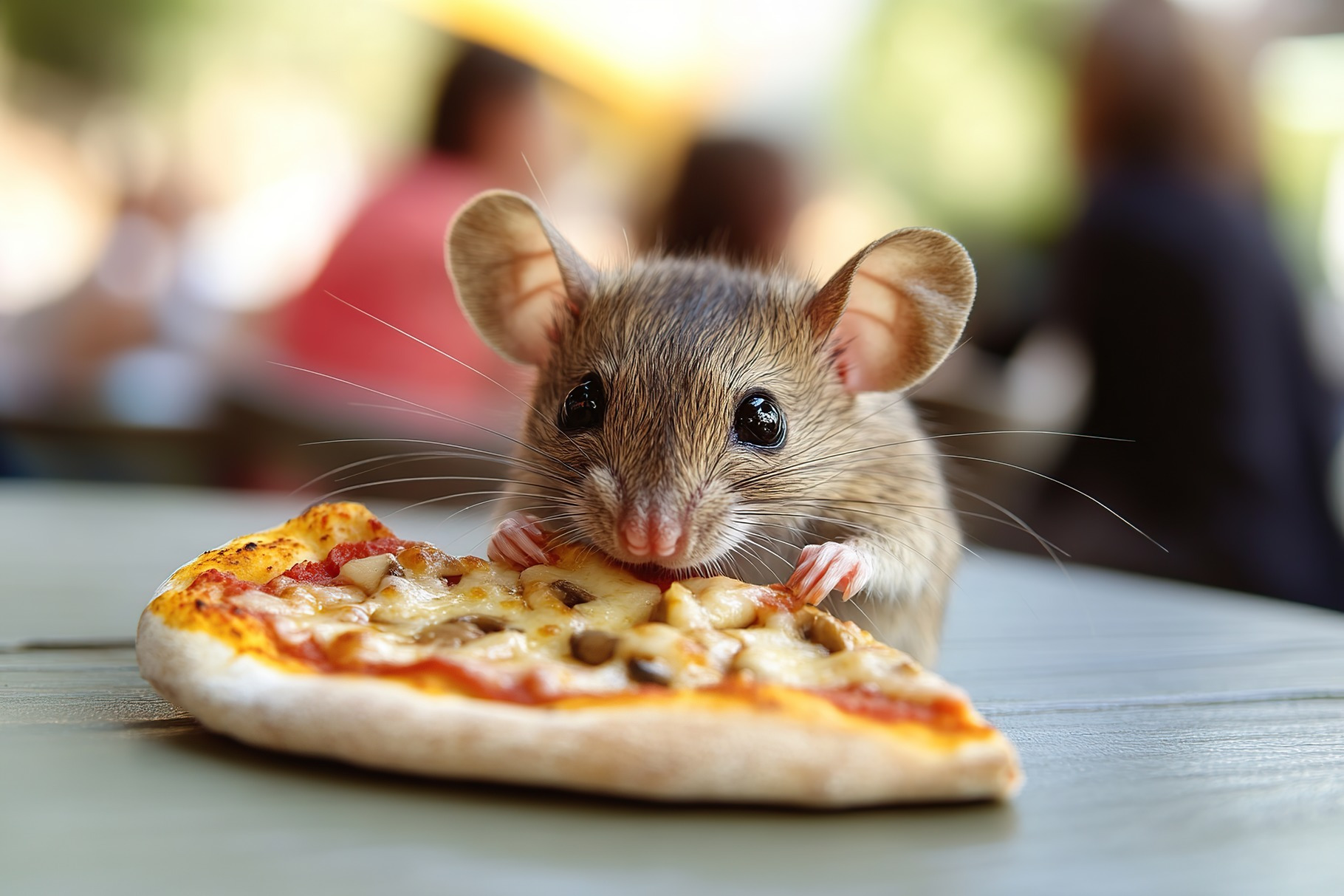 Cartoon mouse eating tasty pizza in street cafe, an Animal Photo by AlyaAnd