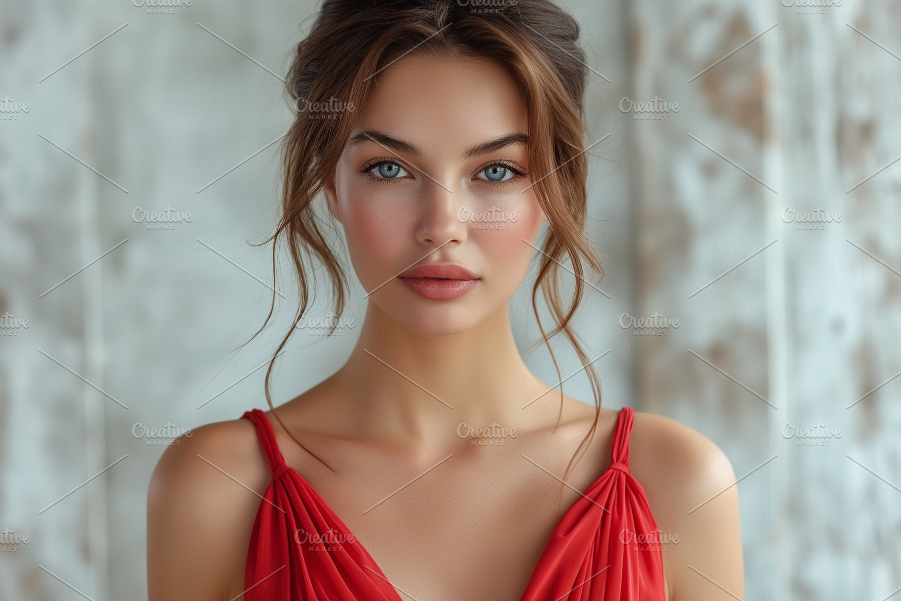 A stunning young woman with long brown hair and blue eyes poses gracefully in a, a Person Photo by ImageMir