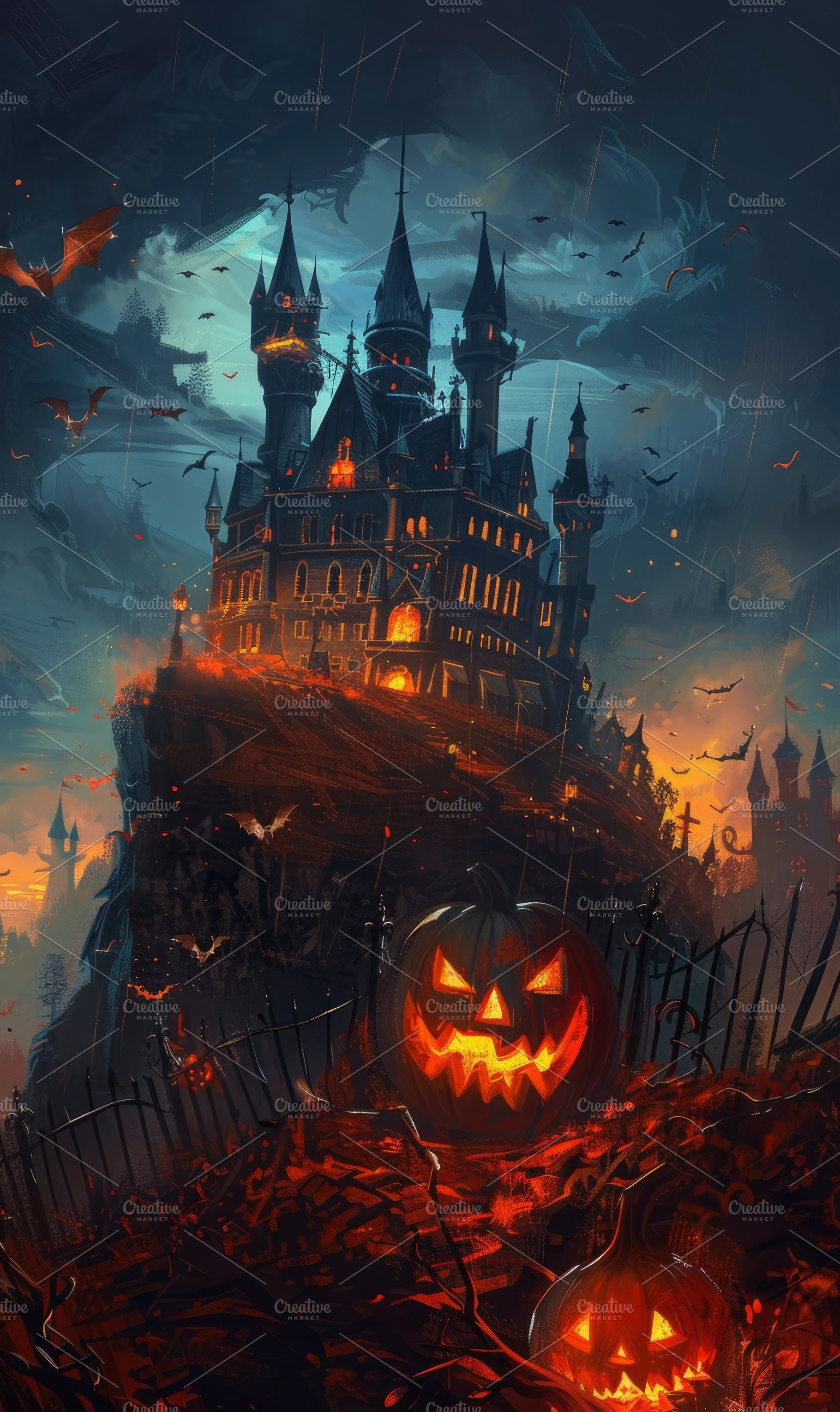An eerie gothic castle atop a hill,, a Photo by LOGOCREATIVE