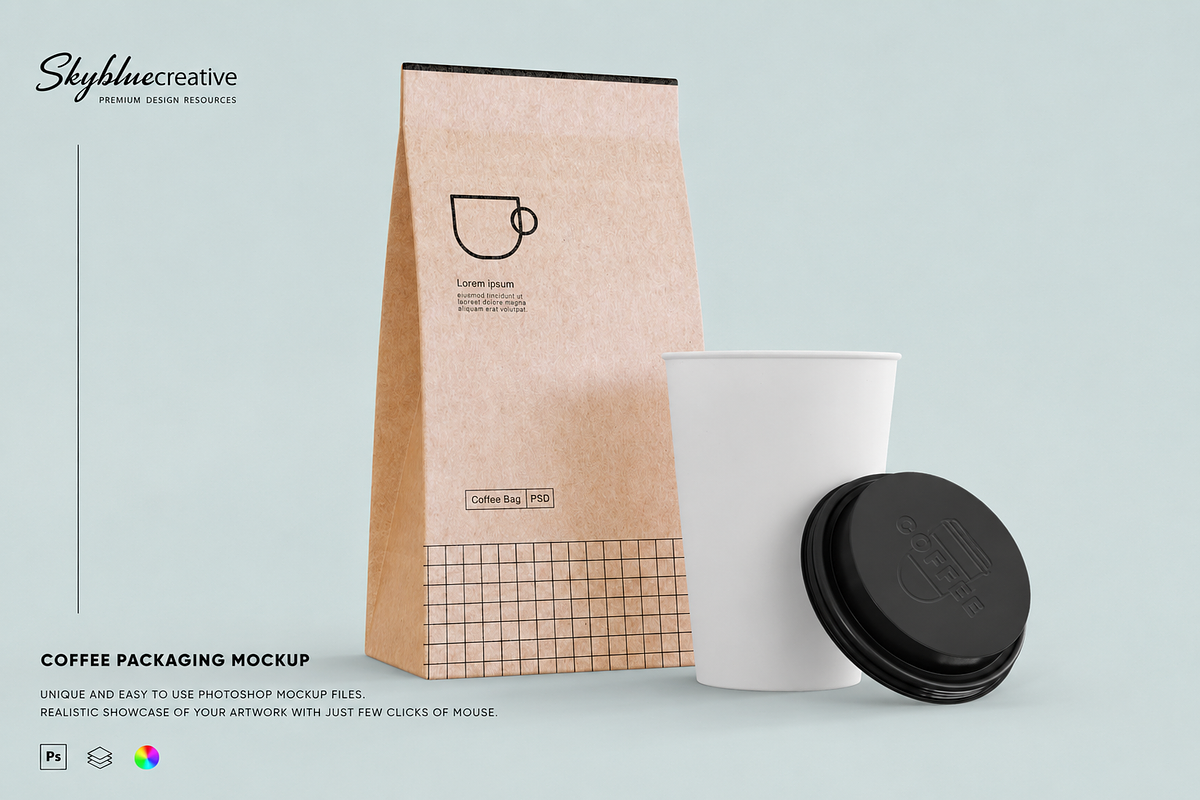 Paper Coffee Bags Mockup, a Packaging Mockup by skybluecreative (Photo 1 of 2)