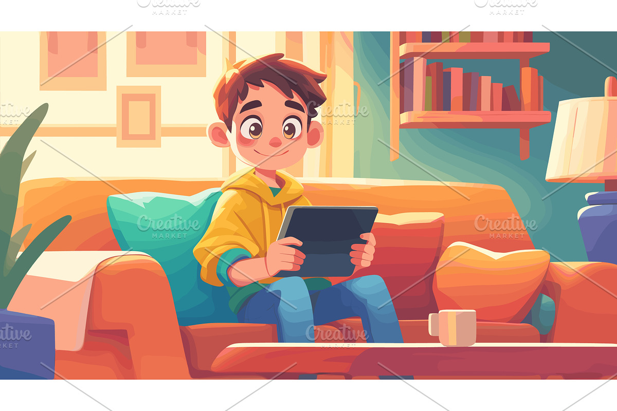 Boy use tablet. Cartoon child in, a Technology Illustration by Stock-Smart-Start