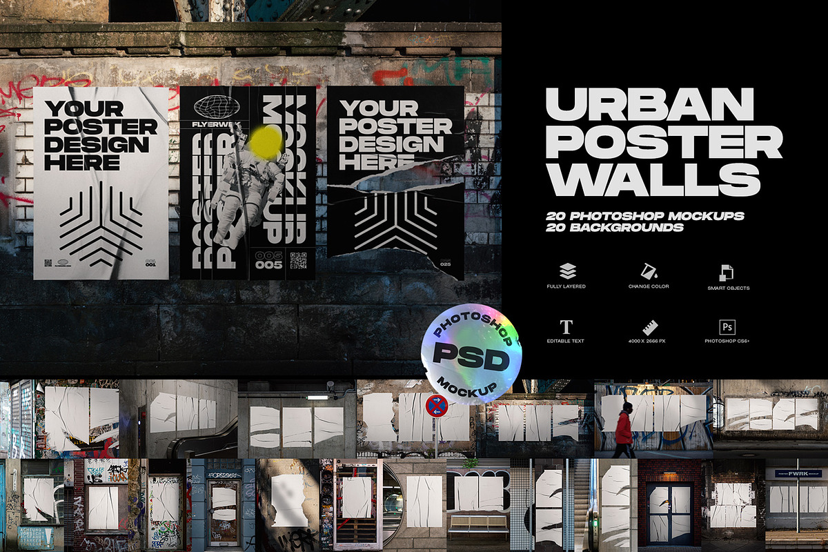 Urban Poster Wall Mockups, a Print Template by FLYERWRK (Photo 1 of 11)