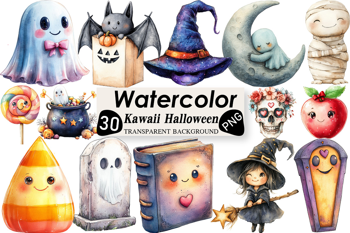 Watercolor Kawaii Halloween Clipart, an Illustration by Black Bird Studio (Photo 1 of 6)