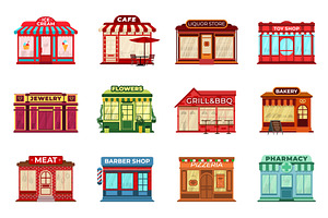 Cartoon flat shop facades. Different, a Background Graphic by Valerie Bodnar