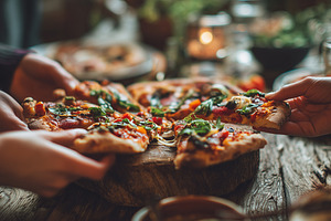 Friends sharing slices of pizza, a Food & Drink Photo by MistyDay