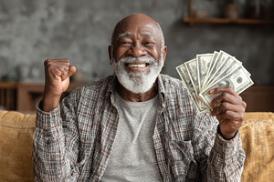 Happy senior man holding money celeb, an Abstract Photo by Pixeness Studio