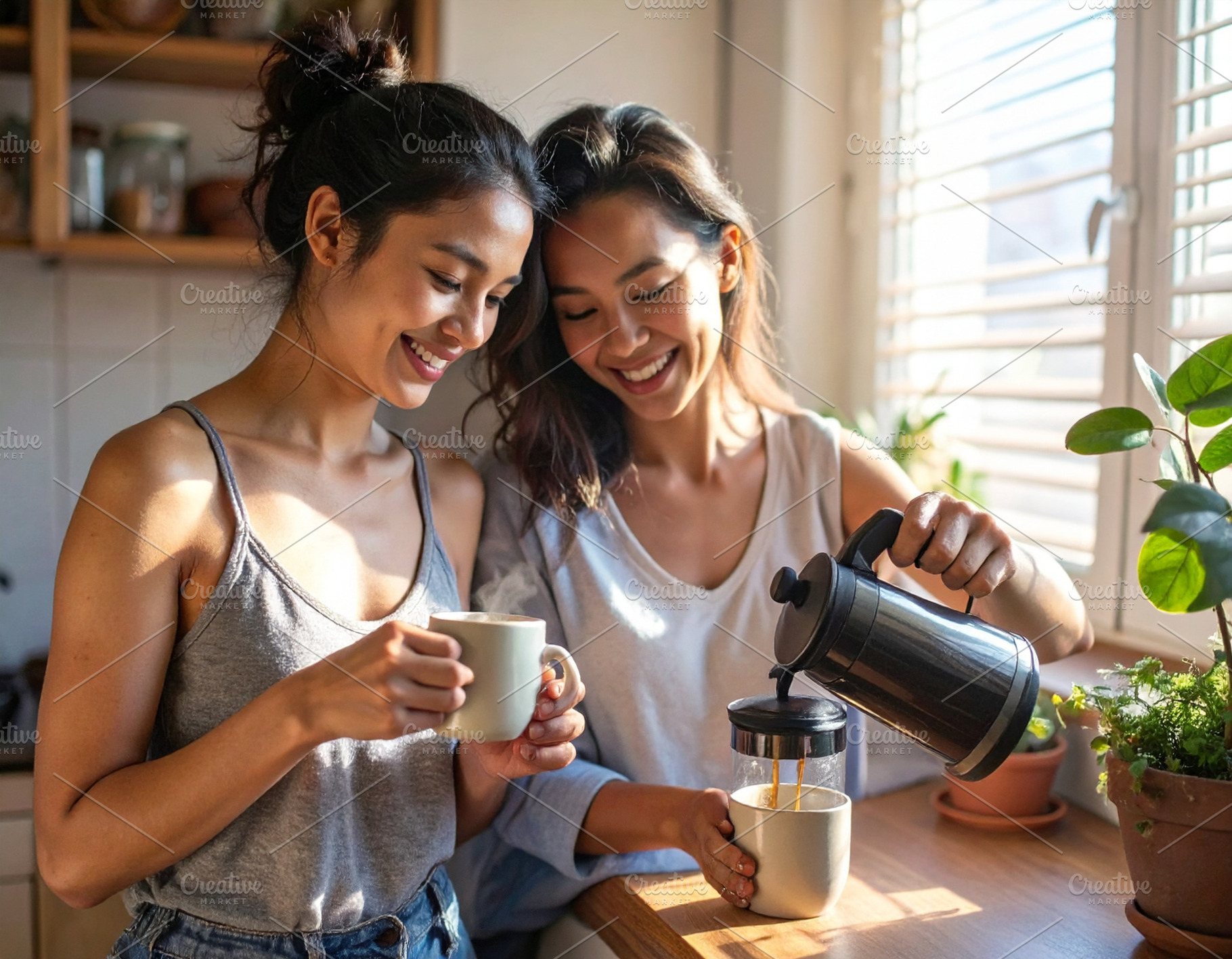 Two women making coffee in a small apartment, a Person Photo by DanFLCreativo