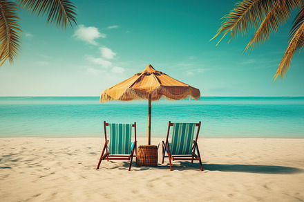 Illustration of deck chairs on sandy beach near palm tree. Generative AI, a Nature Photo by AlyaAnd