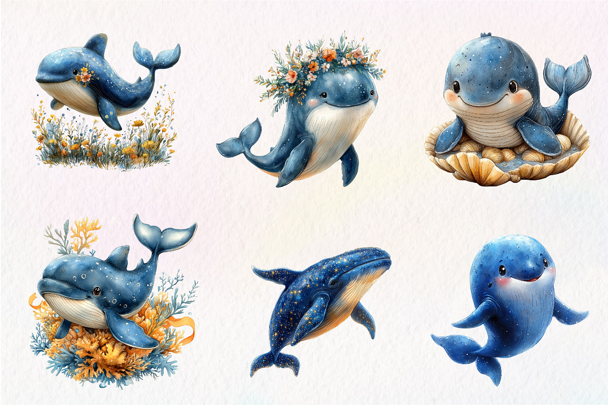 Whale Watercolor Clipart, Blue Whale, an Illustration by CreationArt (Photo 5 of 5)