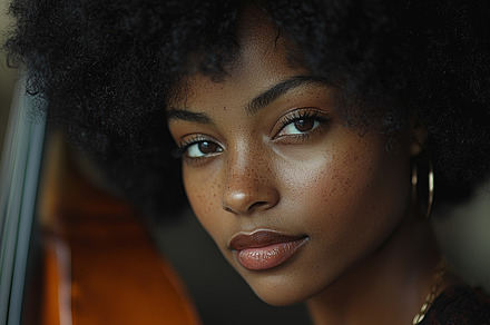 Portrait of a soulful woman with an afro, emphasizing confidence and elegance., a Photo by AS photostudio