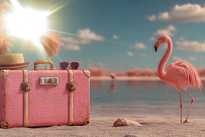 Pink flamingo standing by vintage pink suitcase with hat and sun, a Person Photo by José Manuel Gelpi